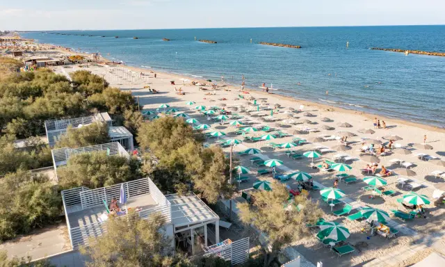 Lidi ferraresi: una distesa di ombrelloni verdi e bianchi sulla sabbia dorata, con il mare azzurro e alcune persone che si godono il sole.