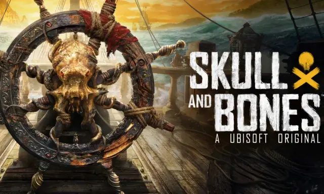 Koło sterowe z czaszką i kośćmi, w tle sztormowe morze i żaglowce. Tytuł gry "Skull and Bones".