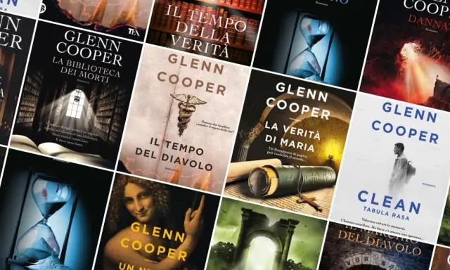 Copertine di libri di Glenn Cooper in ordine cronologico: "La biblioteca dei morti", "Il tempo del diavolo", "La verità di Maria", "Clean Tabula Rasa", "Dannati".