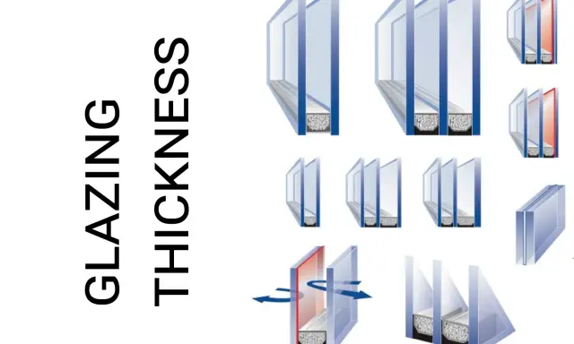 Ilustraciones de diferentes grosores de cristal, mostrando unidades de doble y triple panel con espacios de aire.