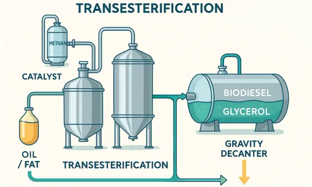 Schéma de transestérification montrant comment convertir du diesel en biodiesel à partir d'huile/graisse, de méthanol et d'un catalyseur.