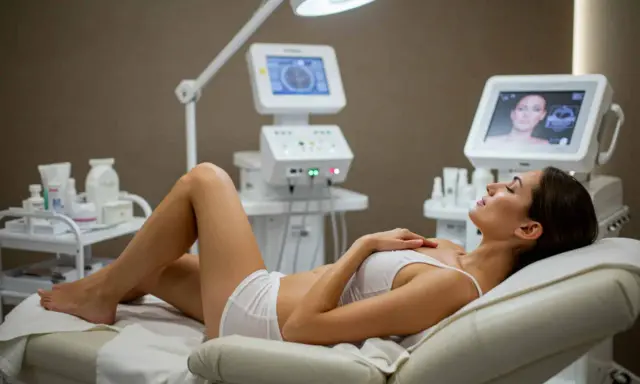 Femme détendant dans un institut de beauté, profitant d'un soin minceur avec des appareils high-tech.