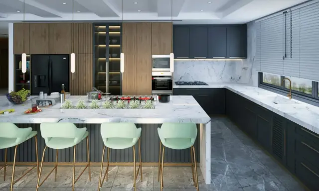 Moderne Küche mit Marmor-Arbeitsplatte, dunklen Schränken und Akzenten aus Holz. Die Lichtplanung im Neubau setzt die elegante Atmosphäre perfekt in Szene.