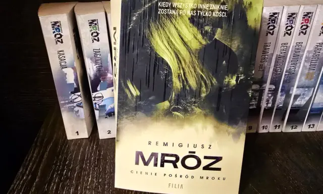 Książka "Cienie pośród mroku" Remigiusza Mróza, tom 6 z serii, obok innych tytułów autora.