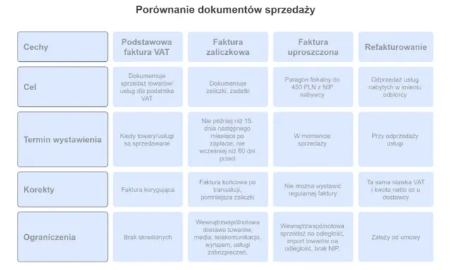 Tabela porównuje dokumenty sprzedaży, uwzględniając cel, termin wystawienia i ograniczenia, co wpływa na **datę powstania obowiązku podatkowego**.