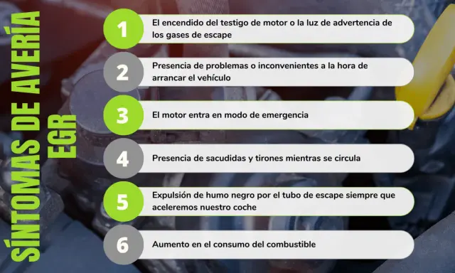 Síntomas de avería EGR: testigo de motor, problemas al arrancar, modo de emergencia, tirones, humo negro y mayor consumo.