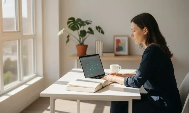 Kobieta pracuje przy laptopie, na ekranie schemat. Obok otwarta książka i kubek. Zastanawia się, studia podyplomowe co to?