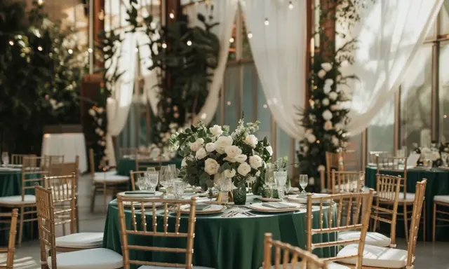Tables dressées de vert profond, couleur du renouveau, ornées de roses blanches. Chaises dorées et lumières douces créent une ambiance festive.