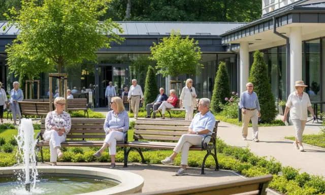 Seniorzy odpoczywają w pięknym ogrodzie przy sanatorium. Zastanawiasz się, ile kosztuje pobyt w sanatorium?