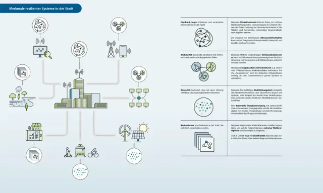 Grafik zeigt vernetzte Systeme für urbane Resilienz: Feedback-Loops, Modularität, Diversität und Redundanzen.