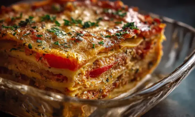 En saftig vegetarisk lasagne med lager av pasta, tomatsås och ost, toppad med färska örter.