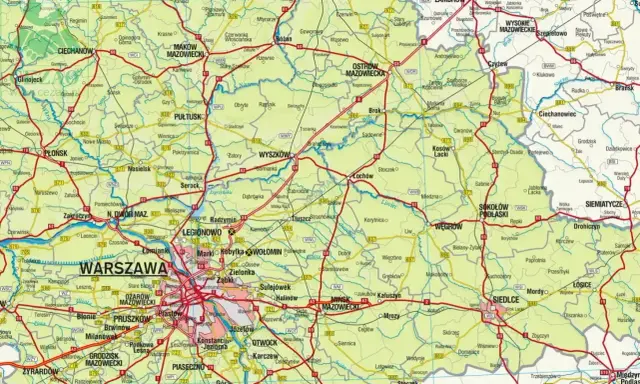Mapa drogowa województwa warszawskiego z zaznaczonymi miastami i drogami.