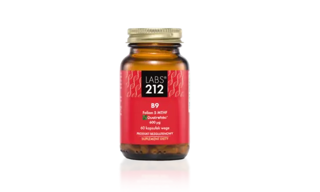 Buteleczka suplementu diety z kwasem foliowym metylowanym (B9 Folian 5 MTHF, 600 µg). Produkt bezglutenowy, 60 kapsułek wege.