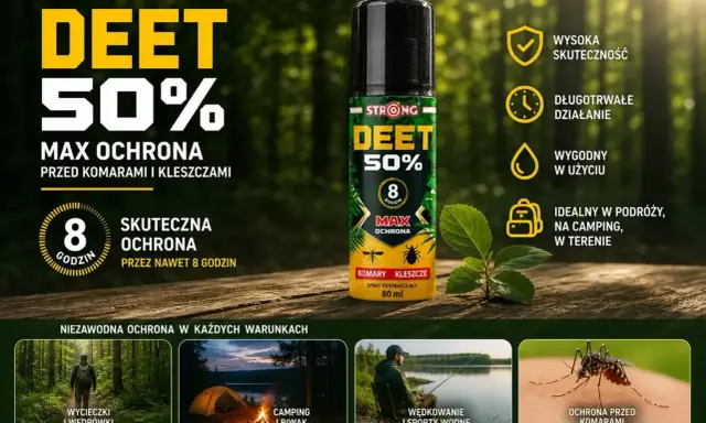 Spray DEET 50% to max ochrona przed komarami i kleszczami, działający do 8 godzin. Idealny na wycieczki, camping i wędkowanie.