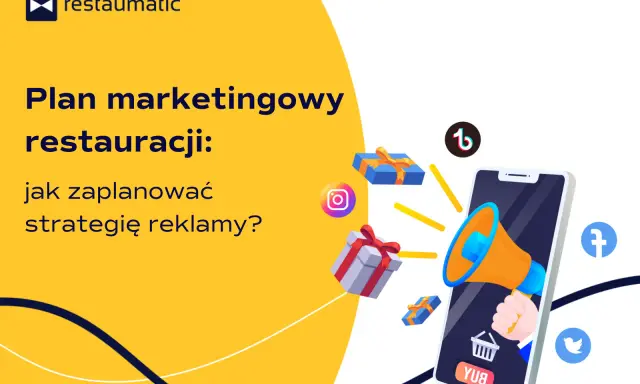 Plan marketingowy restauracji: jak zaplanować strategię reklamy? Grafika pokazuje telefon z głośnikiem, prezenty i ikony mediów społecznościowych.