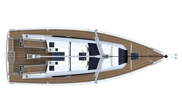Vue aérienne d'un voilier Dufour 390. La fiche technique de ce bateau de plaisance est détaillée.