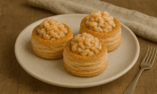Trzy puszyste vol-au-vent z krewetkami na talerzu, gotowe do degustacji.