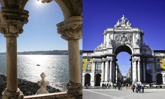 Zwei Ansichten von Lissabon: ein sonniger Blick auf das Meer durch einen steinernen Torbogen und der Triumphbogen Rua Augusta.