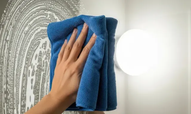 Hand putzt Spiegel mit blauem Mikrofasertuch. Perfekt für welche Lappen zum Bad putzen.