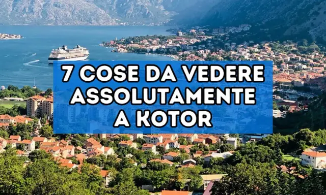 Panoramica del centro storico di Kotor, con un grande transatlantico nel golfo e montagne sullo sfondo.
