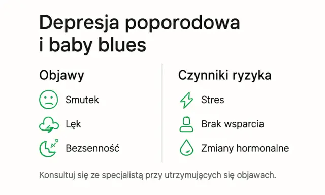 Depresja poporodowa i baby blues: objawy (smutek, lęk, bezsenność) i czynniki ryzyka (stres, brak wsparcia, zmiany hormonalne). Konsultuj się ze specjalistą.