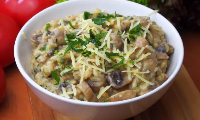 Pyszne risotto z pieczarkami, posypane startym serem i świeżą natką pietruszki, czeka w białej miseczce.