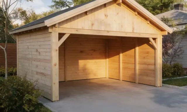 Carport en bois clair, offrant une belle surface de plancher pour abriter un véhicule. L'ombre du soleil couchant joue sur les lattes.