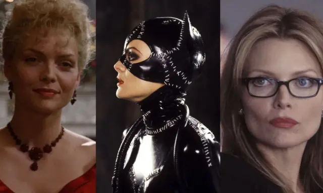 Michelle Pfeiffer i tre ikoniska roller: som en elegant dam, som den legendariska Catwoman och som en kvinna med glasögon. Filmer med Michelle Pfeiffer.