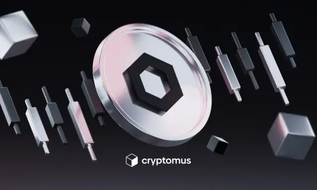 Srebrna moneta z symbolem kryptowaluty, świece wykresu i kostki. Analiza chainlink prognozy.