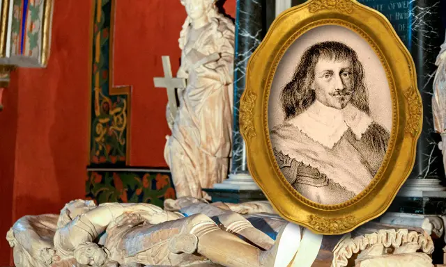 Porträtt av Torsten Stålhandske i guldram över en gravsten med en liggande figur.