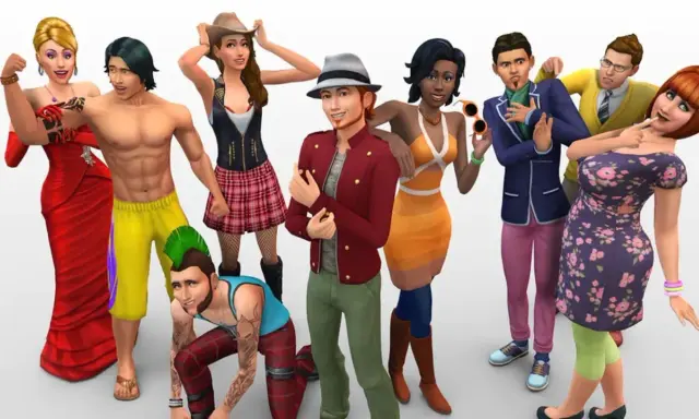 Grupa postaci z gry Sims 4, w tym kobiety w czerwonej sukni i w stroju kowbojki, mężczyźni o wyrzeźbionych ciałach, w marynarkach i z irokezem. Wszyscy wyglądają jakby byli stworzeni przez graczy, którzy lubią simsy 4 mody.
