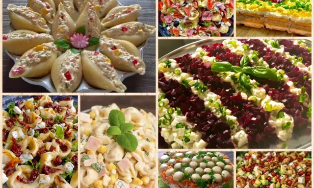 Kolaż zdjęć z różnymi sałatkami i surówkami: faszerowane muszle, tortellini, sałatka z buraków, sałatka z makaronem i kukurydzą, tort warstwowy i sałatka z owocami.