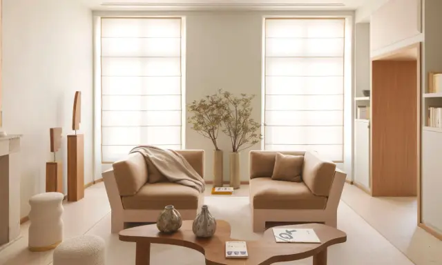 Soggiorno in stile feng shui casa: divani accoglienti, vasi decorativi e sculture in legno creano un'atmosfera serena e armoniosa.