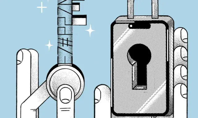 Ein Finger hält einen Schlüssel mit der Aufschrift "VERZWEIFELT", während eine andere Hand ein Smartphone mit einem Schloss hält. Ein Versuch, ein Konto zu hacken, ist im Gange.