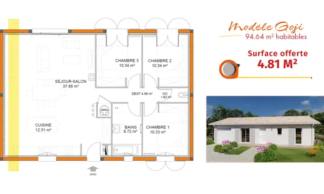 Plan de maison simple et jolie : modèle Goji, 94.64 m², avec séjour-salon, cuisine, 3 chambres, bains et WC.