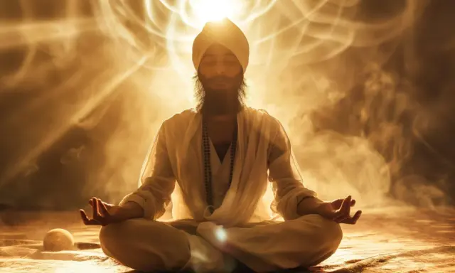 Man i turban sitter i lotusställning, omgiven av gyllene ljus och rök. Hans ögon är slutna, händerna i meditation. En känsla av kundalini energi strålar ut.