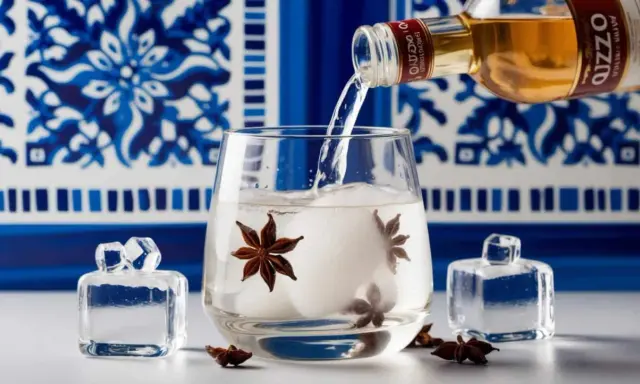 Ouzo wird in ein Glas mit Eis und Sternanis gegossen. Der Ouzo-Prozent-Gehalt ist hoch.