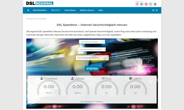 Internet langsam? Was tun? DSLregional Speedtest misst Download, Upload, Ping & Latenz. Eingabe von Anbieter, Geschwindigkeit & PLZ.