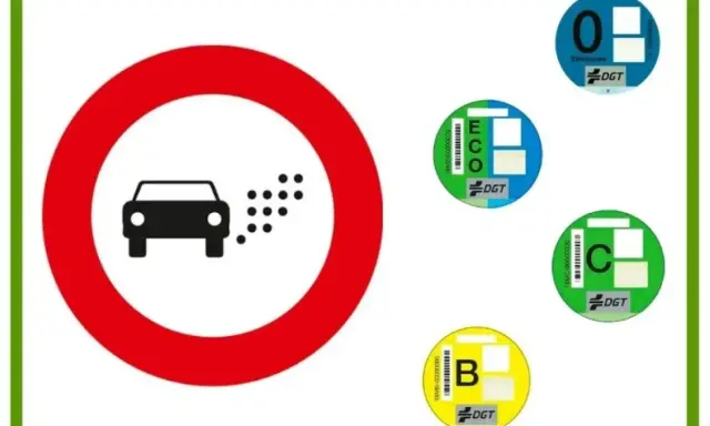 Señal de prohibición de circulación de vehículos contaminantes. Pegatinas DGT de emisiones: 0, ECO, C, B. ZBE Murcia.