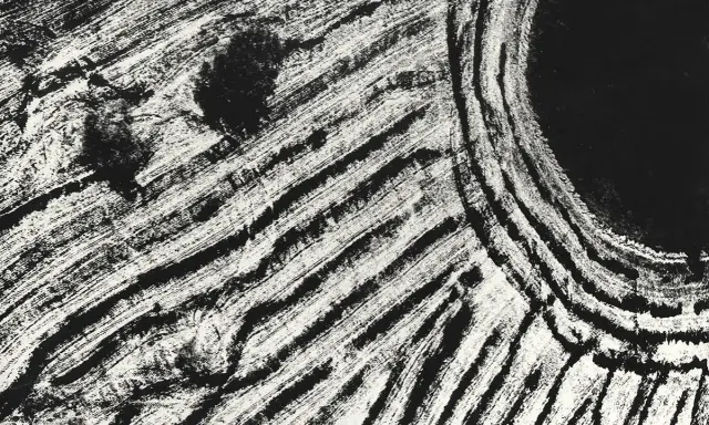 Campi arati visti dall'alto, un'opera di Mario Giacomelli. Le striature bianche e nere creano un paesaggio astratto e dinamico.