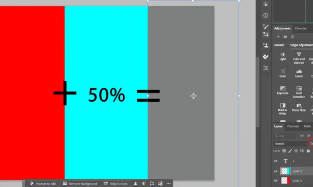 Rosso e ciano, **colori complementari**, uniti al 50% creano un grigio neutro, come mostrato nell'interfaccia di un software di editing.