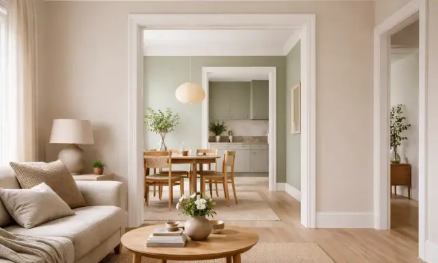 En ljus och harmonisk inredning med en bekväm soffa, ett runt soffbord och en matplats med gröna väggar.