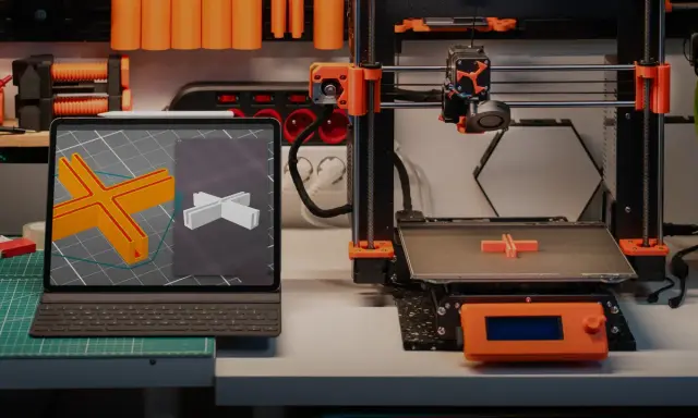 Nowoczesna technika druku 3D: tablet z modelem krzyżaka i drukarka tworząca fizyczny obiekt.