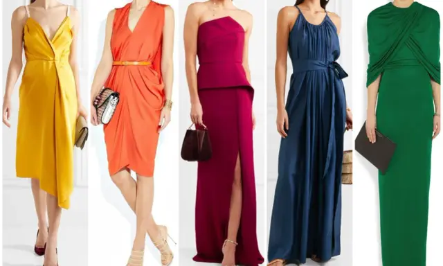 Cinque abiti da donna con un perfetto abbinamento colori: giallo ocra, arancione corallo, fucsia, blu notte e verde smeraldo.