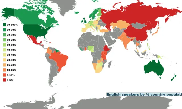 Mapa świata pokazująca odsetek osób mówiących po angielsku w każdym kraju. Zielony oznacza wysoki odsetek, czerwony niski.