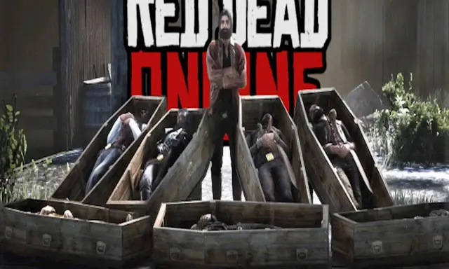 Mężczyzna stoi obok otwartych trumien z ciałami. To scena z gry Red Dead Online.