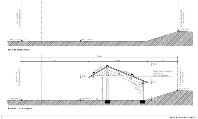 Plan de coupe projeté d'un carport, exemple pour permis de construire. Le projet modifie le terrain pour l'installation.