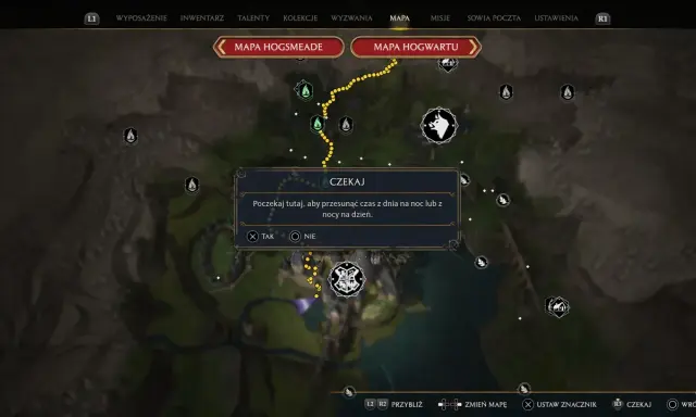 Mapa Hogwartu z opcją "Czekaj", przydatna w **Hogwarts Legacy poradnik**. Pozwala przesunąć czas.