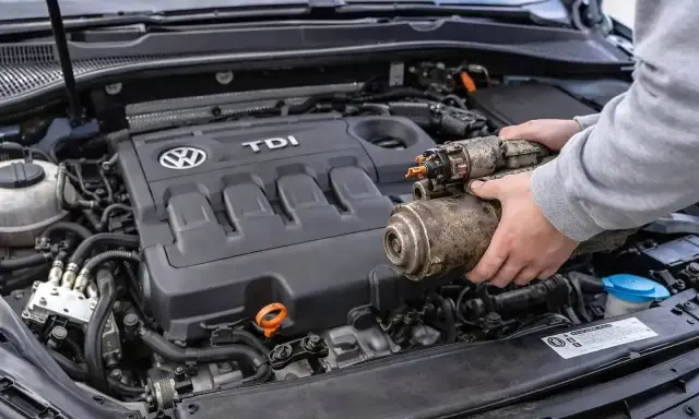 Ręce trzymają zużyty rozrusznik, gdy samochód nie chce odpalić. Widoczny silnik TDI Volkswagena.