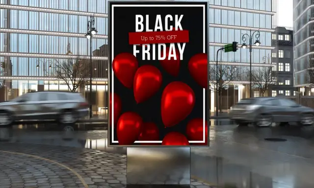 Plakaty do wydruku z napisem "BLACK FRIDAY" i czerwonymi balonami. Promocja do 75% OFF.